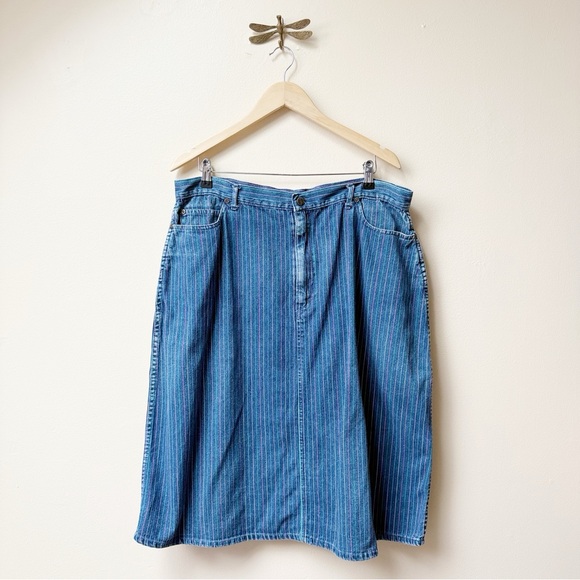 Vintage Dresses & Skirts - 90s Multicolor Stripes Denim Blue Vintage Skirt size XL